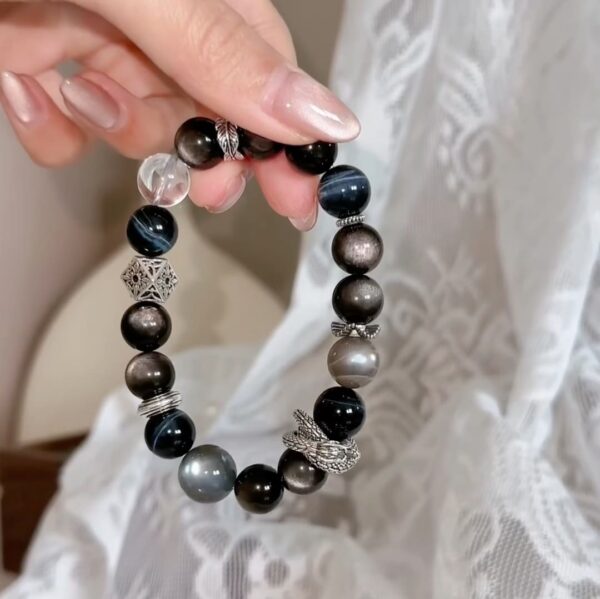 "Guardian de la Noche"-Pulsera de Obsidiana Plateada y Ojo de Tigre Azul -8mm - Image 2