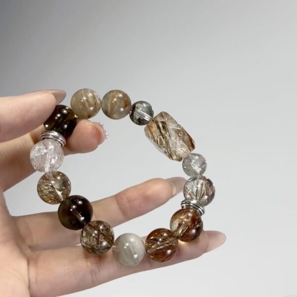 "Protección Arcoíris" – Pulsera de Super Siete, Cuarzo Ahumado y Cuarzo Blanco